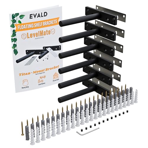 EVALD LevelMate™ Titan-Mount 4 Inch Floating Shelf Brackets, Heavy Duty Hidden Shelf Brackets for Floating Shelves, Black Carbon Steel Shelf Supports with Screws & Anchors (6 Pack) - size: 4 Inch, style: 6 Pack Titan-mount