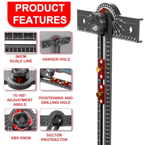 Woodworking T Square Ruler, 13.5 Inch Adjustable Angle 15-165° Measurement Tool, Aluminum Alloy, Precision Drilling Positioning Guide for Carpentry, Drafting, Contractor, Scribe Crafting, Drywall - color: 13.5in black