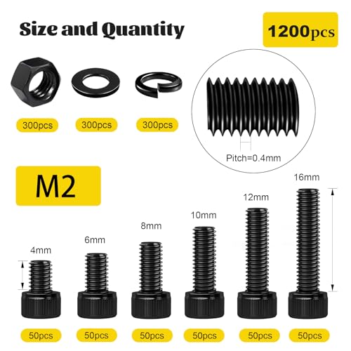 1198pcs M2 Hex Socket Head Screws Assortment Kit,M2x4/6/8/10/12/16 mm - size: M2 1200pcs