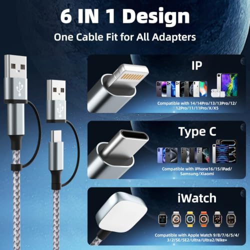 Travel Essentials 3 in 2 Multi Charging Cable for iWatch Charger/IP/USB-C - color: Greyiwatch, size: 2Pack 5FT