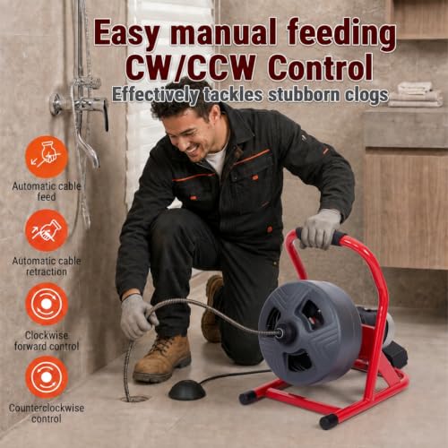 HoldwellS Drain Cleaner Machine 50Ft x 5/16", Electric Drain Auger Snake - color: 50FT 5/16inch (Manual Feed)