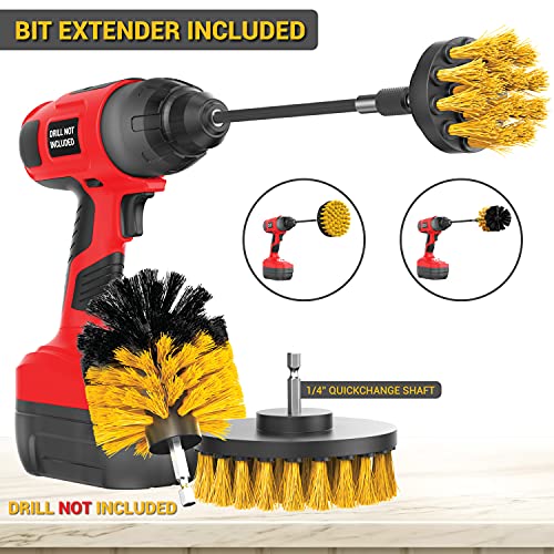 SCRUBIT Drill Brush Attachment Set - Power Scrubber Tile and Grout Tool - Use for Kitchen, Shower, Bathtub and Floor Surface - All Purpose Household Cleaning Kit Includes 3 Brushes with A Bit Extender