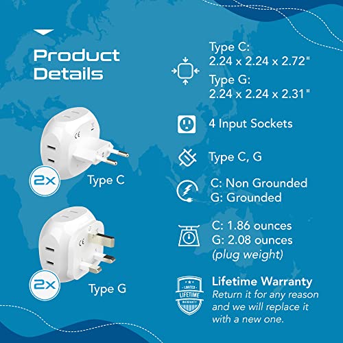 Ceptics Europe Travel Adapter Plug Set Schuko - 4 Input - Ultra Compact - Light Weight Type C, Type G - USA to Any Type C, G Countries UK, Ireland, Germany, France - 4 Pack (PT-9C-7-4PK),White - size: 4 Pack, style: Type C , G - Europe 2 pack set