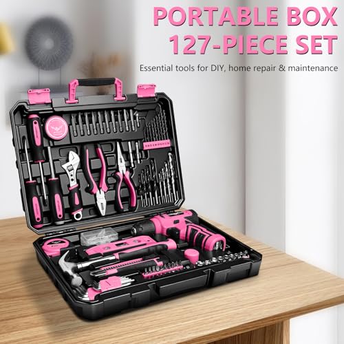 JENABOM 127-Piece Home Tool Set with 8V Pink Cordless Drill - color: Light Pink