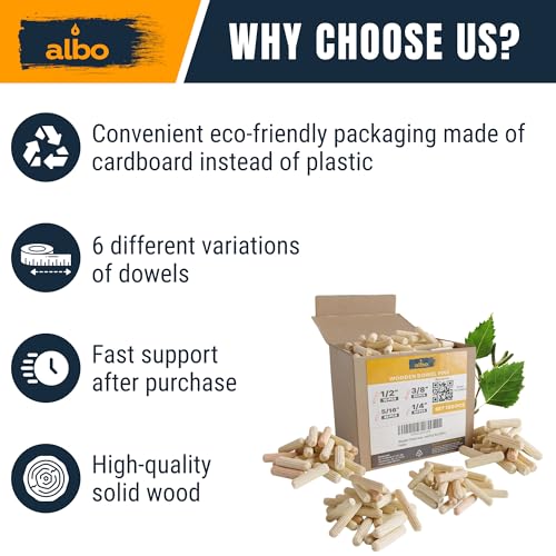 ALBO Wooden Dowel Pins 100 Pack Assorted Sizes 1/2 + 3/8 + 5/16 + 1/4 inch Fluted Wood Dowels Rods Hardwood Crafts Dowel Pegs - size: Set 100pcs 1/2 + 3/8 + 5/16 + 1/4 inch