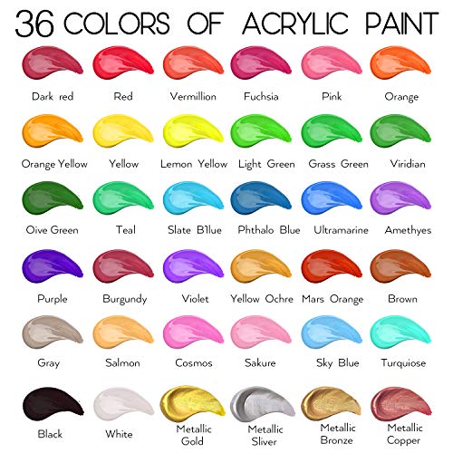 55PCS Acrylic Paint Set of 36 Colors 2fl oz 60ml Bottles 12 Brushes,Non Toxic 36 Colors Acrylic Paint No Fading Rich Pigment for Kids Adults Artists Canvas Crafts Wood Painting - style: 36 Colors Acrylic Paint 2 fl oz/60 ml