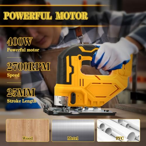 Cordless Jig Saw for Dewalt 20v Max Battery(Tool Only), Electric Jigsaw Cut Off Tool 400W 2700RPM 45° Beveled Cutting 3 Orbital Setting with 6 Blades for Straight/Curve/Circle Cutting (for Dewalt) - style: for Dewalt