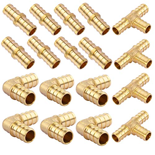 Litorange 18 PCS 1/2 inch T PEX Tee(4PCS) & 90 Degree Elbow(6PCS) & Straight Coupling 1/2" (8PCS) Lead-Free Brass Barb Crimp Pipe Fitting/Fittings