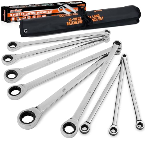 HORUSDY 9-Piece Extra Long Ratcheting Wrench Set, Double Box End Wrench Set with Tool Bag & Box, Metric 8-22mm, CR-V Steel - style: Long Ratcheting Wrench Set