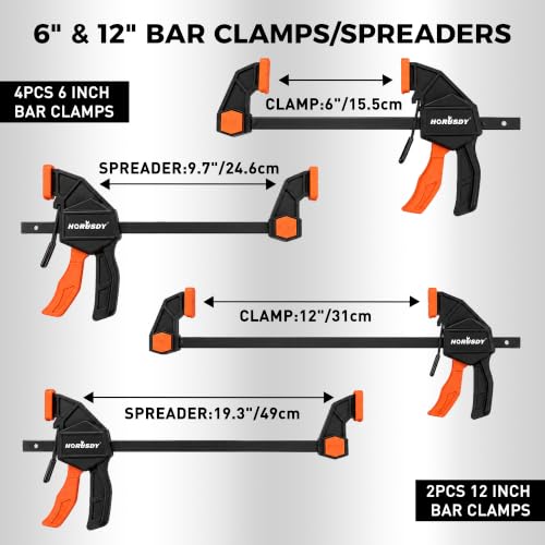 10-Piece Bar Clamp Set for Woodworking, 4 x 6-inch & 2 x 12-inch One-Handed F Clamp/Spreader, 132 lbs Load Capacity, Includes Spring Clamps & 90° Angle Clamp, Quick-Release Grip - color: 10pcs 132lbs 6"&12" Orange