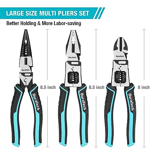 DURATECH 3PCS Pliers Set, Large 6 in 1 Multifunctional Wire Stripper Crimper Cutter, 8.5" Long Nose Pliers, 8.5" Linesman Pliers, 8" Diagonal Side Cutting