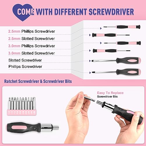 Sundpey 148 Pcs Portable Basic Hand Repair Home Tool Kit Set with Case Pink - color: Pink