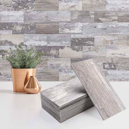 StyloVue 100 Pieces Peel and Stick Backsplash for Kitchen, 3" x 6" PVC Subway Tile Upgraded Distressed Wood Backsplash Stick on Tile Elevate Kitchen, Bathroom, Fireplace,RV - color: Distressed Wood