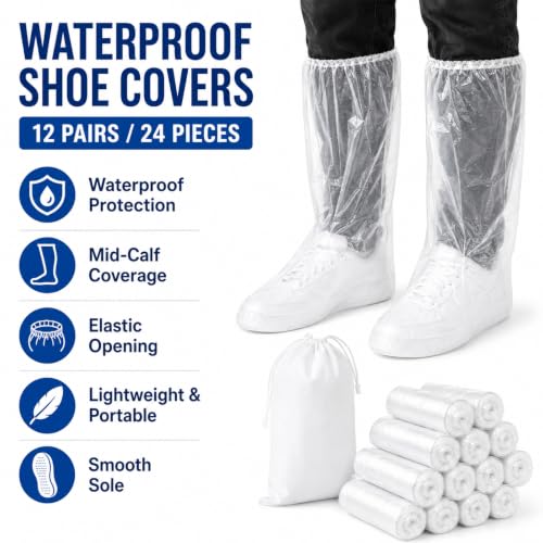 Waterproof Shoe Covers, 12 Pairs Clear PE Mid-Calf Boot Covers