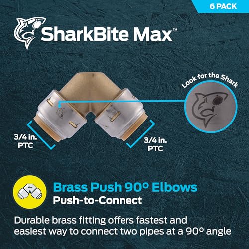 SharkBite Max 3/4 x 3/4 in PTC 90-Degree Elbow, Pack of 6, Push-to-Connect Brass Plumbing Fitting, UR256 - size: 3/4 in., 6 Pack
