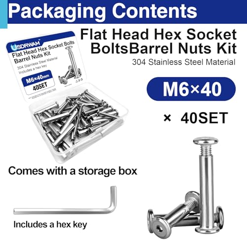 40 Sets M6 x 40mm Barrel Nuts and Bolts, Hex Socket Binding Screws - size: 40 Sets M6 x 40 mm