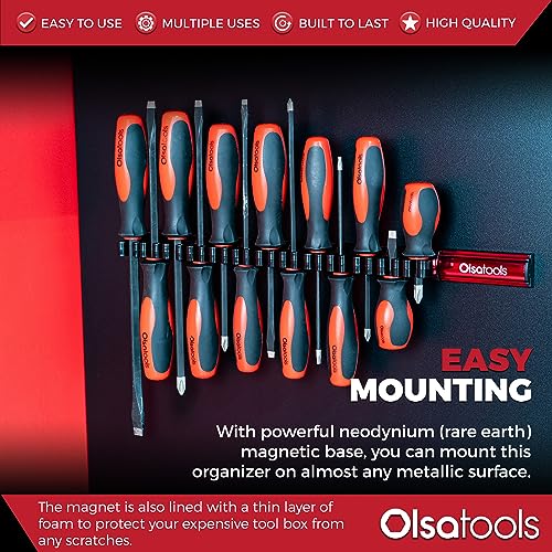 Olsa Tools Magnetic Screwdriver Organizer, Red, Holds 16 Screwdrivers - color: Red Organizer / Black Clips