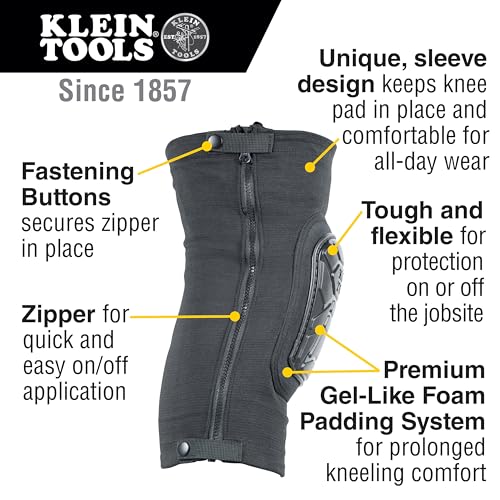 Klein Tools 60628 Tough-Flex Knee Sleeves for Work, Construction, Low-Profile Sleeve with Zipper, Gel-Like Foam, Black, S/M - size: S/M