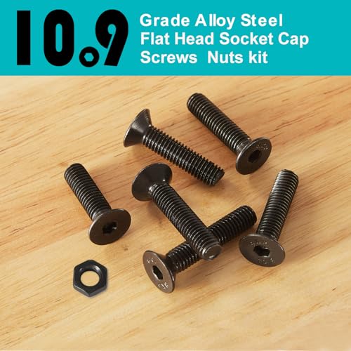 50Pcs M6 x 50mm 60mm 70mm 80mm, Flat Head Hex Socket Cap Screws Countersunk Bolts Nuts Kit, 10.9 Grade Alloy Steel, Black Oxide Finish, Metric Allen Drive, Fully Threaded - size: M6x50/60/70/80mm