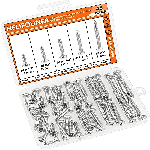 #14 x 3/4" 1" 1-1/4" 1-1/2" 2" Wood Screws Set, HELIFOUNER 48 Pieces Phillips Pan Head Self-Tapping Screws Assortment Kit, Phillips Pan Head Wood Screws, 304 Stainless Steel - size: #14