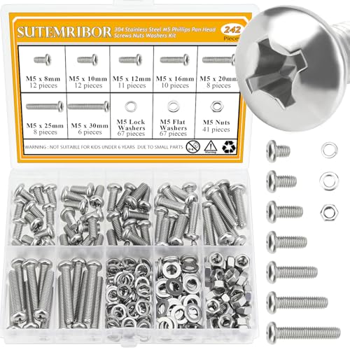 242 Pieces M5 Machine Screws Nuts Washers Set, Sutemribor M5 x 8/10/12/16/20/25/30mm Phillips Pan Head Machine Screws Nuts Washers Assortment Kit, 304 Stainless Steel, Fully Threaded - size: M5 Screws Kit, style: Phillips Pan Head