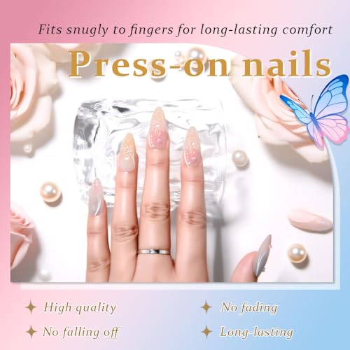 3D Flower Butterfly Press On Nails, Medium Almond Blue Pink with Floral Pearl & Cute Charms, Designer Reusable Acrylic Fake Nails for Women, Spring Summer Daily & Party Wear - color: LF-3386, size: 24 Pieces (Pack of 1)