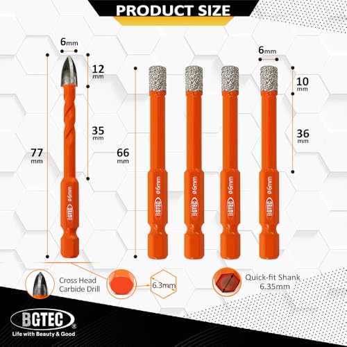 BGTEC Dry Diamond Drill Bit Set 5PCS 1/4" Tile Hole Saw & Carbide Bits - size: Set 1