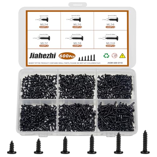 600Pcs M1.7x4/5/6/7/8/10 Self-Tapping Wood Screws Assortment Kit, Phillips Pan Head, Black Carbon Steel, 6 Sizes, for Wood Plastic and Soft Metal - size: M1.7x4/5/6/7/8/10-600Pcs