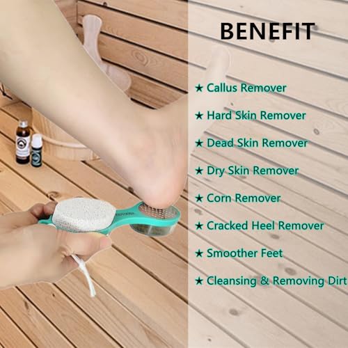 Foot File Callus Remover 5-in-1, 2 Pcs Feet Scraper Pedicure Tools with Pumice Stone, Scrubber Brush, Stainless Steel Foot Rasp and Sand Paper Debris Catcher, Multi Purpose, Cyan - color: Cyan Cyan