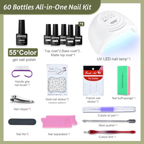 JODSONE 60 PCS Gel Nail Polish Kit with U V Light 55 Colors Gel Polish Base Top Coat Manicure Gifts - color: B16