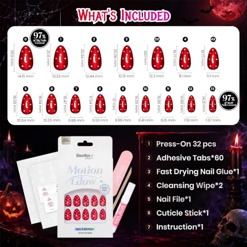Beetles Red Press On Nails Short Almond, Halloween Cat Eye Polka Dot - color: 2C - Polka Ruby - S