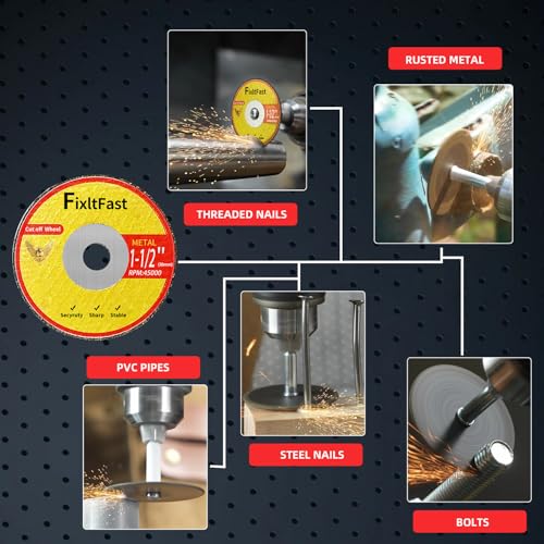 FIXLTFAST 1-1/2 Cut Off Wheels,1.5" x 1/8" Fiberglass Reinforced Metal Cutting disc for Rotary Tool Accessories Include Mandrels - 11 Pack - size: 1 1/2