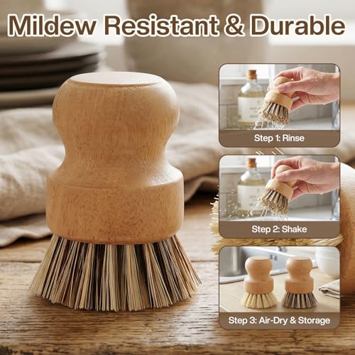 Wooden Dish Brush Handheld Bamboo Wok Brush Scrubber for Dishes Pans Pots Fruit and Veggie Washing(2,Beige and Brown) - color: Beige and Brown