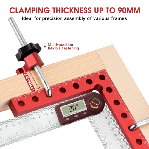 Neddie 90 Degree Corner Clamps for Woodworking, 4-Pack 5.5-Inch Squares | Anodized aluminum, 8 L-bolts with adjustable blocks, up to 3.5 in, dual-unit scales, case, cabinets, drawers, boxes, frames
