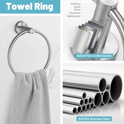 Brushed Nickel Bathroom Hardware Set, 6 Pieces Towel Bar Bathroom Accessories Set Toilet Paper Holder Towel Holder Towel Ring and Towel Hooks Wall Mounted, SUS304 Stainless Steel Towel Rack Set - color: Brushed Nickel, size: 6 Pieces
