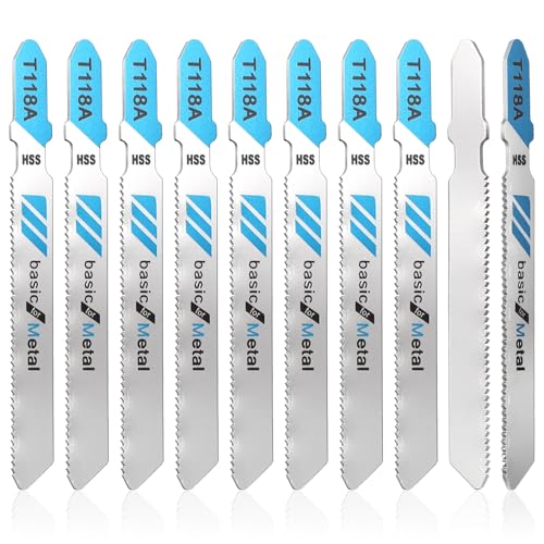 10-Piece T118A T-Shank Jigsaw Blades, High Carbon Steel Jig Saw Blade Set for Thin Metal, Sheet Metal and Aluminum Cutting, Compatible with Most Major Jigsaws