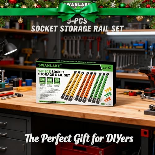 SWANLAKE Organizer Socket Holder, 9PCS 1/4-Inch x 48 Clips, 3/8-Inch x 45 Clips, 1/2-Inch x 36 Clips, Premium Quality Socket Clip Rail Holder - style: 9 PCS Green&Yellow&Orange