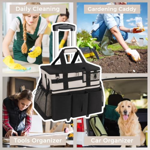 SCAVATA Rolling Cleaning Caddy Bag with Detachable Trolley, Large Cleaning Supplies Organizer with Wheels, Multi-Pocket Cleaning Cart with Adjustable Shoulder Strap for Housekeepers (CreamWhite) - color: CreamWhite