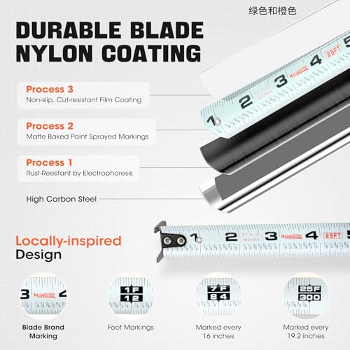 25FT-1 In Blade Width Tape Measure With Fractions, 3 Brake Buttons Retractable Measuring Tape, Both Side Measurement, Double-Magnetic Hook Double-Sided Nylon Reinforced Blade, Easy to Read Bold Lines.