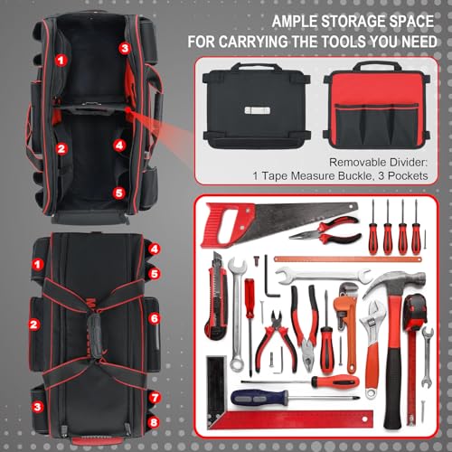 MELOTOUGH Rolling Tool Bag with Wheels,Large Capacity Tool Bag Organizer with Concealed Telescoping Handle for Electrician,Construction,HVAC,Technician (Red/Black) - color: Red/Black