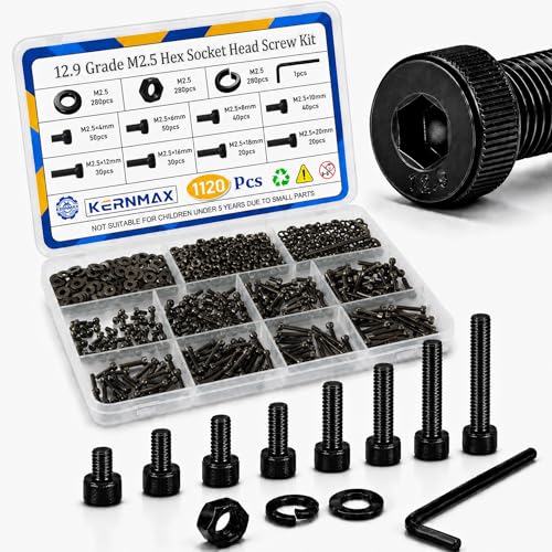 1120PCS M2.5 Screws Kit, M2.5x4/6/8/10/12/16/18/20mm Hex Socket Head Cap Screws Nuts & Washers Assorted Set, 12.9 Grade Black Oxide M2.5mm Screw for 3D Printer,DIY - size: M2.5 1120pcs