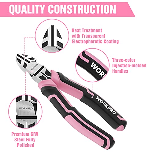 WORKPRO 3 PCS Pink Pliers Set, Needle Nose & Diagonal & Slip Joint Pliers