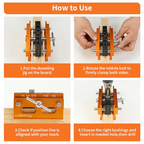 Self Centering Doweling Jig Kit - Adjustable Width Dowel Jig Kit for Straight Holes, Biscuit Joiner Set, 6 Bushings, 3 Size Drill Bits - Woodworking Precision Tool