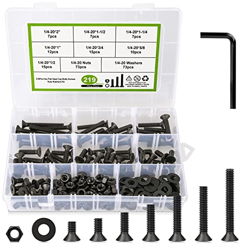 1/4 20 Bolt and Nuts, with Washers for Screws, Hex Socket Flat Head 7 Sizes are 2", 1-1/2", 1-1/4", 1", 3/4", 5/8", 1/2", 10.9 Grade Alloy Steel, Black, Full Machine UNC Thread - size: B. 1/4-20