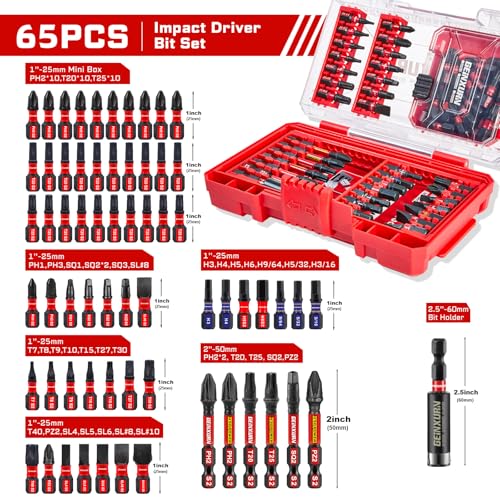 Geinxurn 65Pieces Impact Screwdriver Bits Set, Magnetic S2 Steel Phillips/Slotted/Square/Torx Insert Power Bits Tips, Impact Bit Holder with Red Storage Box Case - style: STKB065-RD