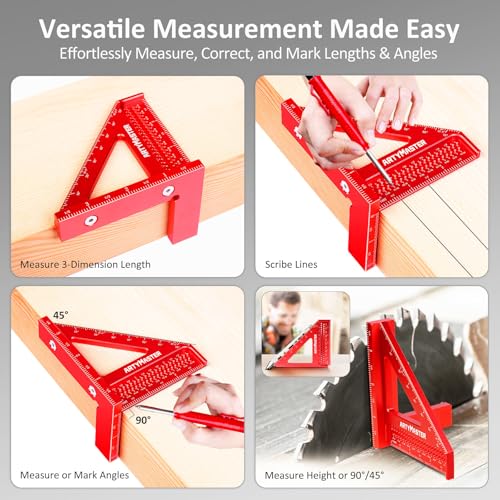 3.8＂Mini 3D Multi-Angle Measuring Square Ruler, WT102A High Precision Hole Scribing Woodworking Tools, 0-90° Aluminum Alloy Carpenter Square Wood Working Tools, Carpenter Pencils 6 Refills. - color: 3.8 inch Square+Pencil, style: Imperial