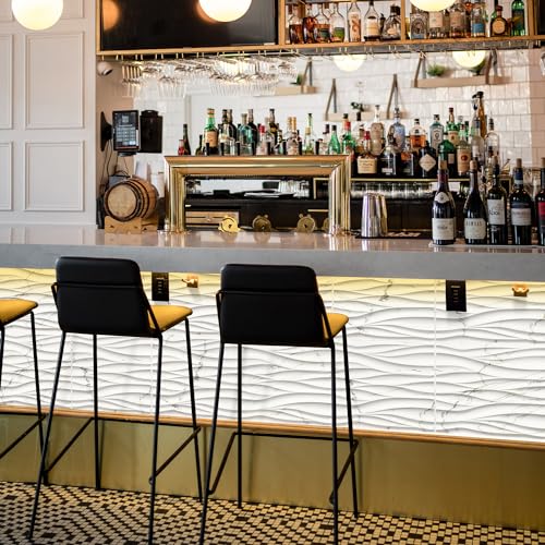 STICKGOO Wave 3D Wall Panels, White Marble, 19.7" x 19.7" - color: White Marble Mixed Gold Thread