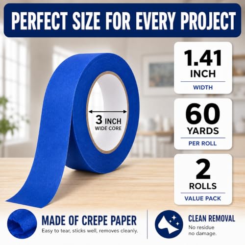 Blue Painters Tape 1.41 Inch Wide, 2 Rolls Masking Tape 1.41 Inch x 60 Yds - size: 2 Rolls Blue Painters Tape 1.41 Inch x 60 Yds Each