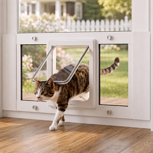 Cat Door for Window, Adjustable 27"-32", 4 Locking Modes + Extra Security Lock for Outside Safety, Window Pet Door with Magnetic Self-Closing, No-Drill Installation, Weatherproof Aluminum Frame Insert - size: 27-32 inches