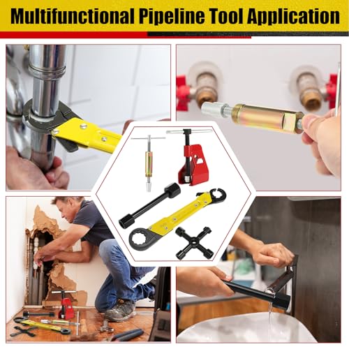 5 Pcs Angle Stop Wrench Kit Plumbing Tool, Compression Sleeve Puller for 1/2" Compression Fitting Ferrule Puller Removal Tool for 1/2" Copper Tubing 4-way Multi-functional Utility Key(Yellow) - color: Yellow